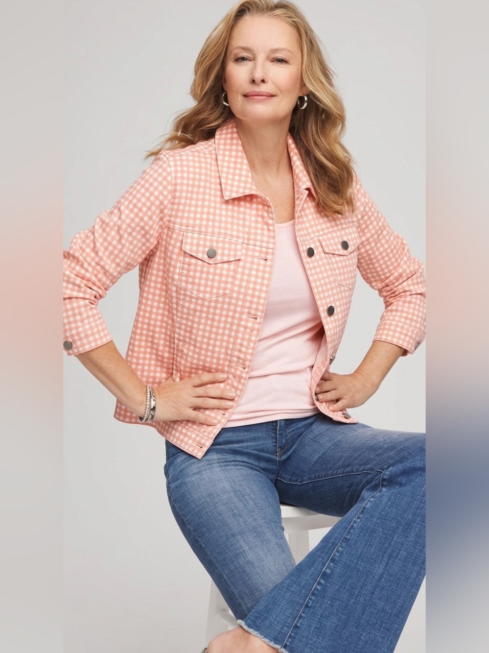 Chico's Peach Gingham Jean Jacket